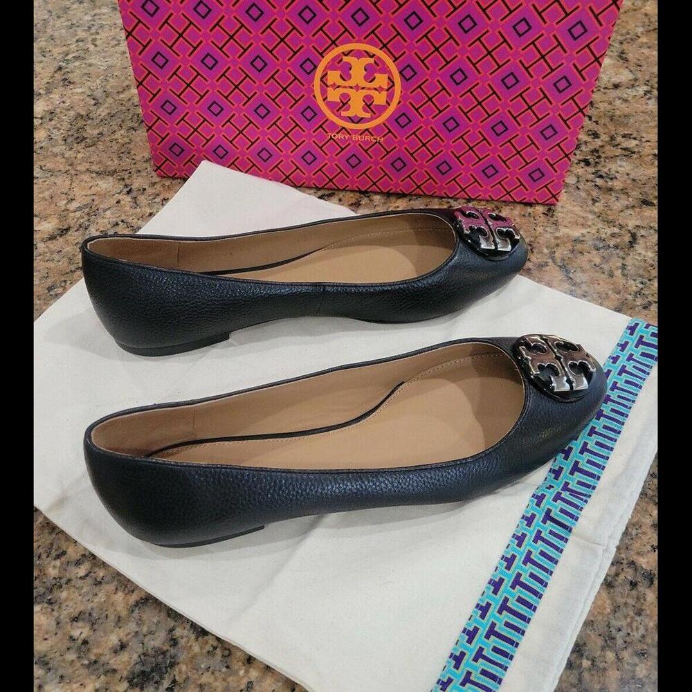 TORY BURCH Silver Logo Claire Black TUMBLED LEATHER BALLET Flat Womens Shoe 10.5 - Picture 5 of 12